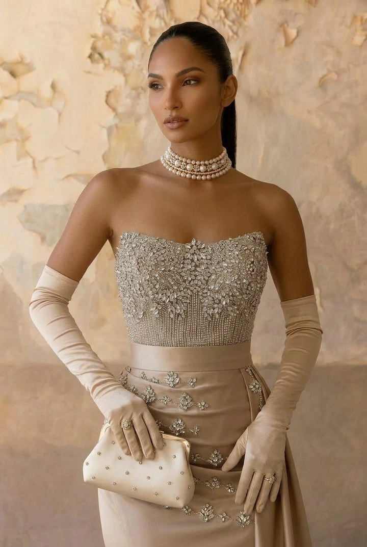 Champagne Pretty Sequin Dress Embellished Bodice and High Slit - Elegant Strapless Glitter Dress Plus Size