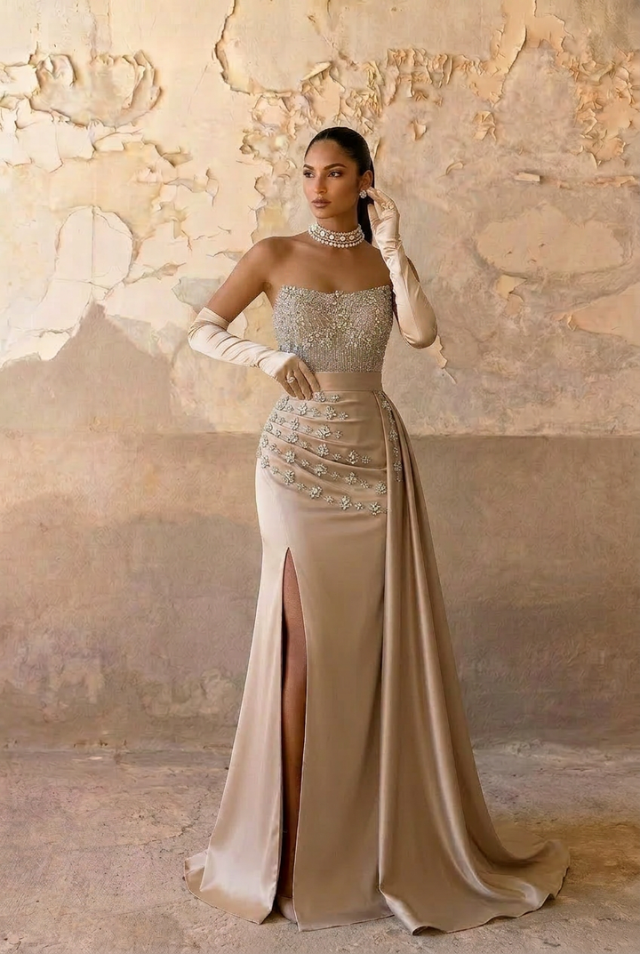 Champagne Pretty Sequin Dress Embellished Bodice and High Slit - Elegant Strapless Glitter Dress Plus Size