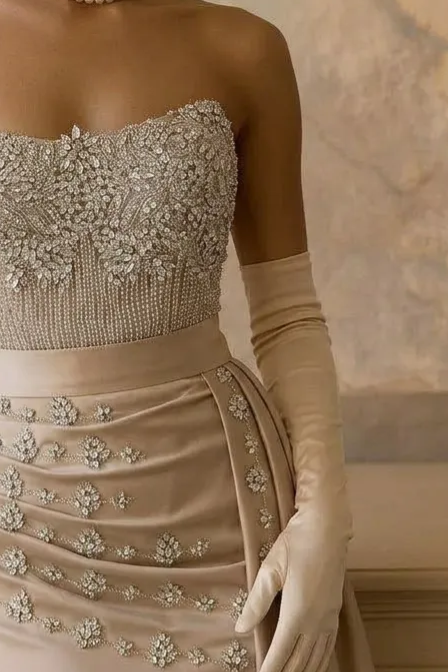 Champagne Pretty Sequin Dress Embellished Bodice and High Slit - Elegant Strapless Glitter Dress Plus Size