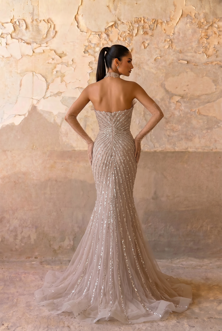 Champagne Pretty Sequin Dress with Side Slit - Elegant  Strapless Glitter Dress and Beaded Evening Gown Plus Size
