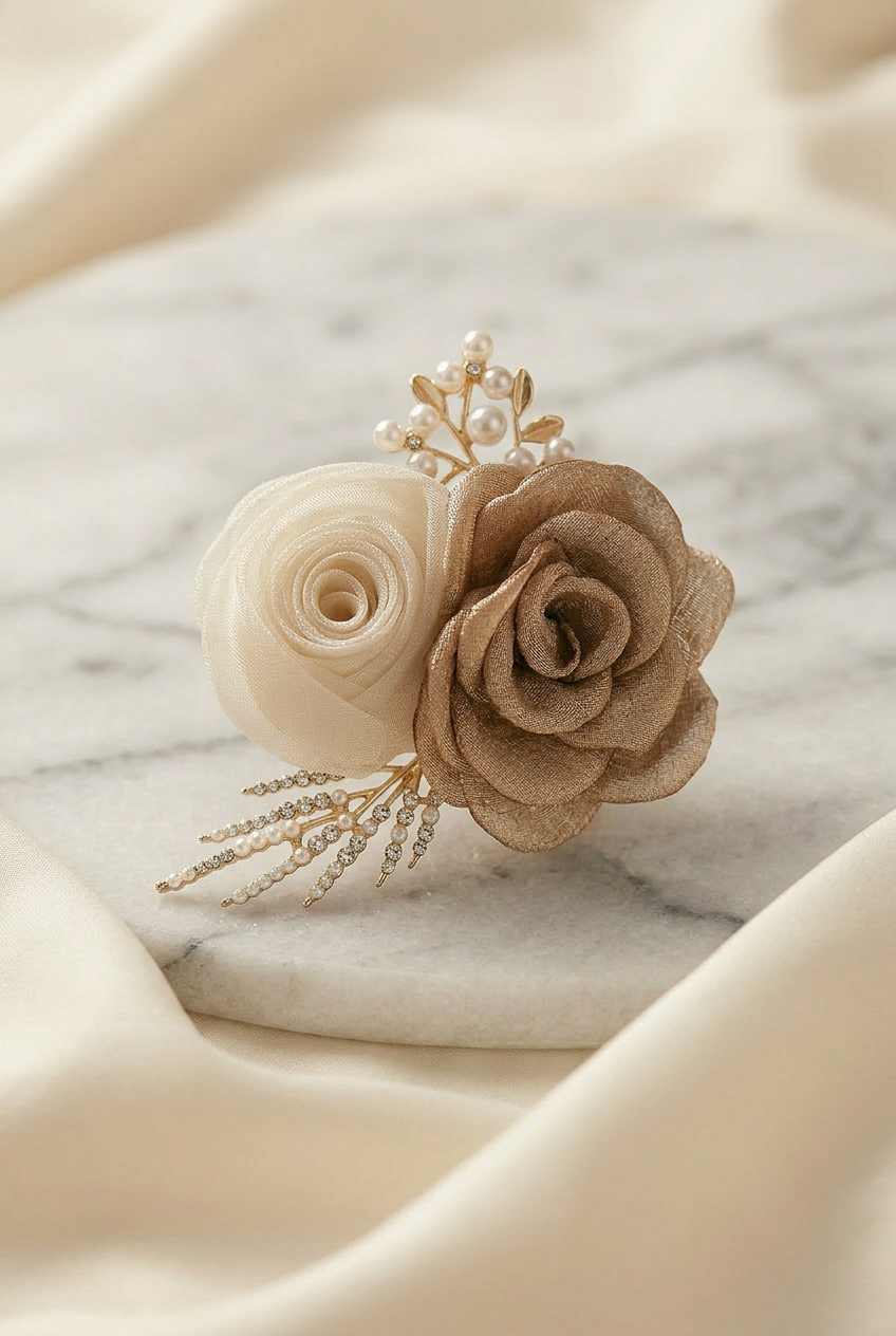 Champagne Rose and Pearl Lace Corsage Set – Handmade Wedding & Bridesmaid Accessories (Wrist and Boutonnière)