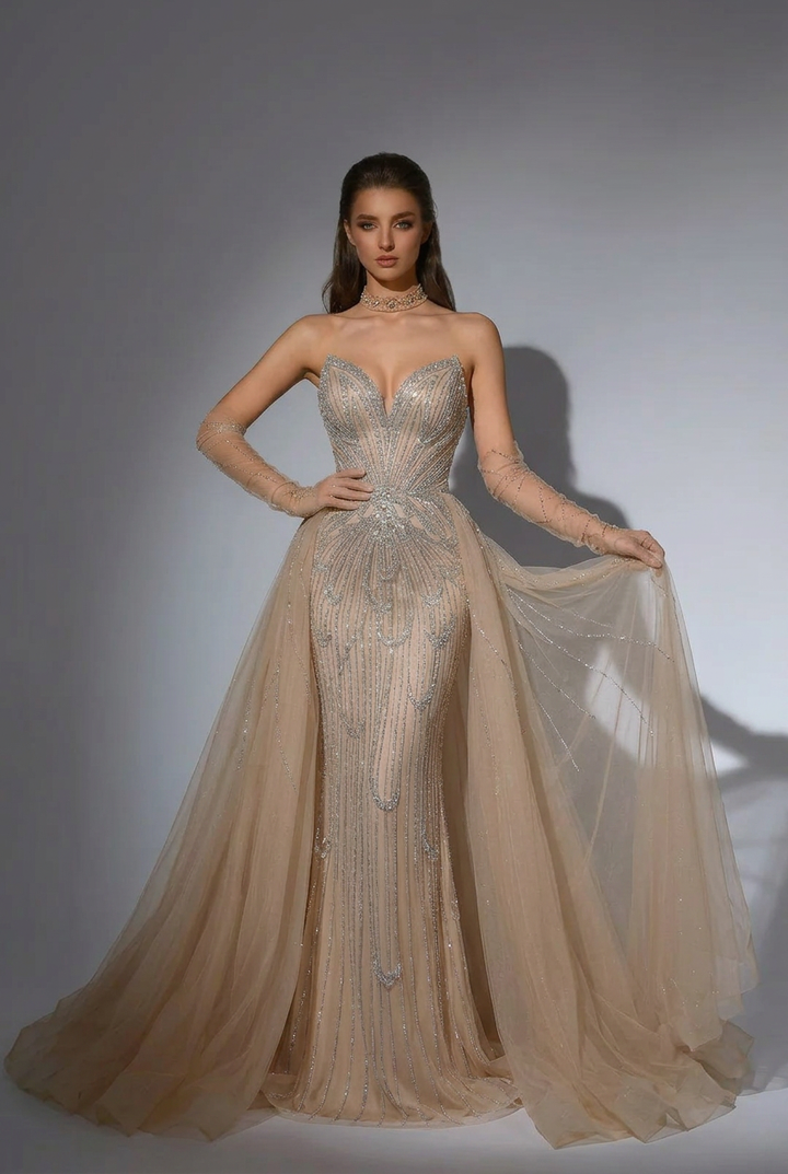 Champagne Sequin Ball Gown with Strapless Sweetheart Bodice – Glitter Maxi Dress Plus Size
