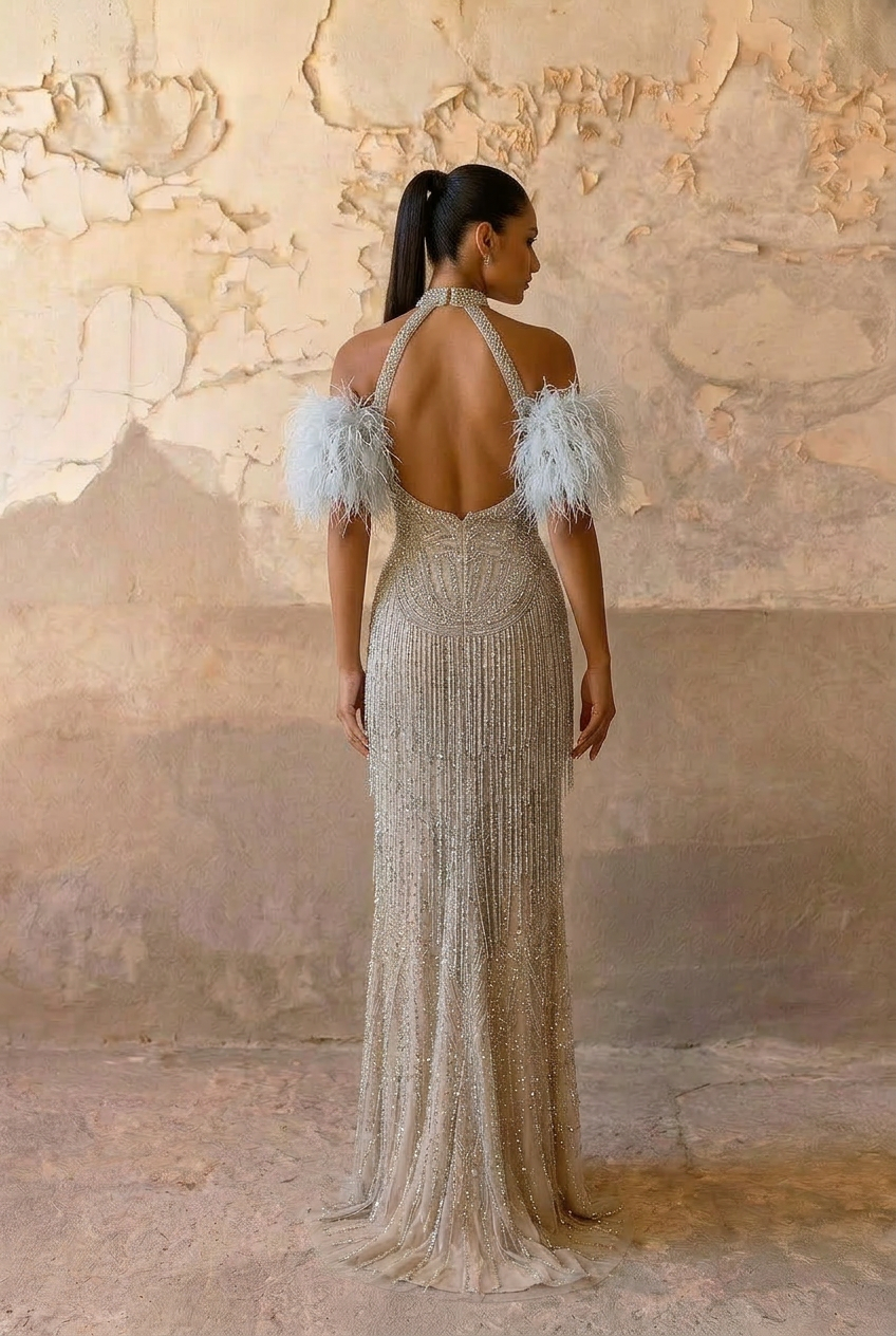 champagne and silver dress Champagne Silver Beaded Maxi Gown