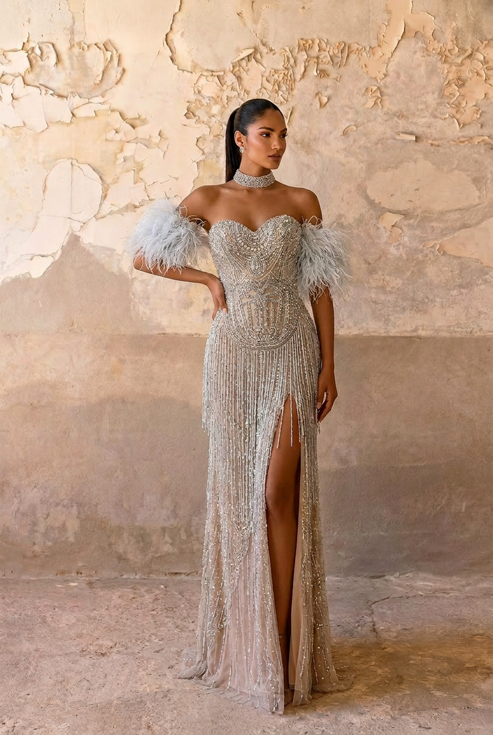 Champagne Sequin and Feather Bridal Gown - Off-Shoulder Silver Evening Dress with Slit Plus Size
