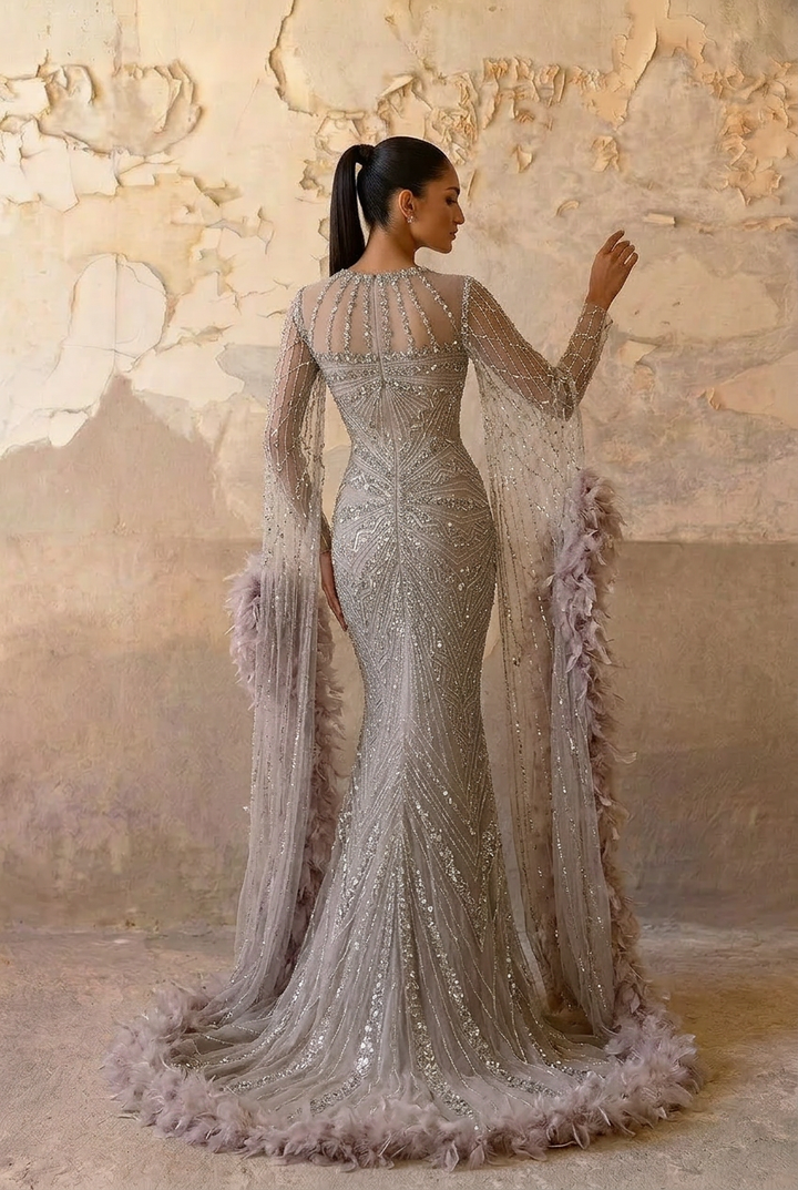 Champagne Sequin and Feather Dress – Designer Sequin Gown with Long Sleeves and Train Plus Size
