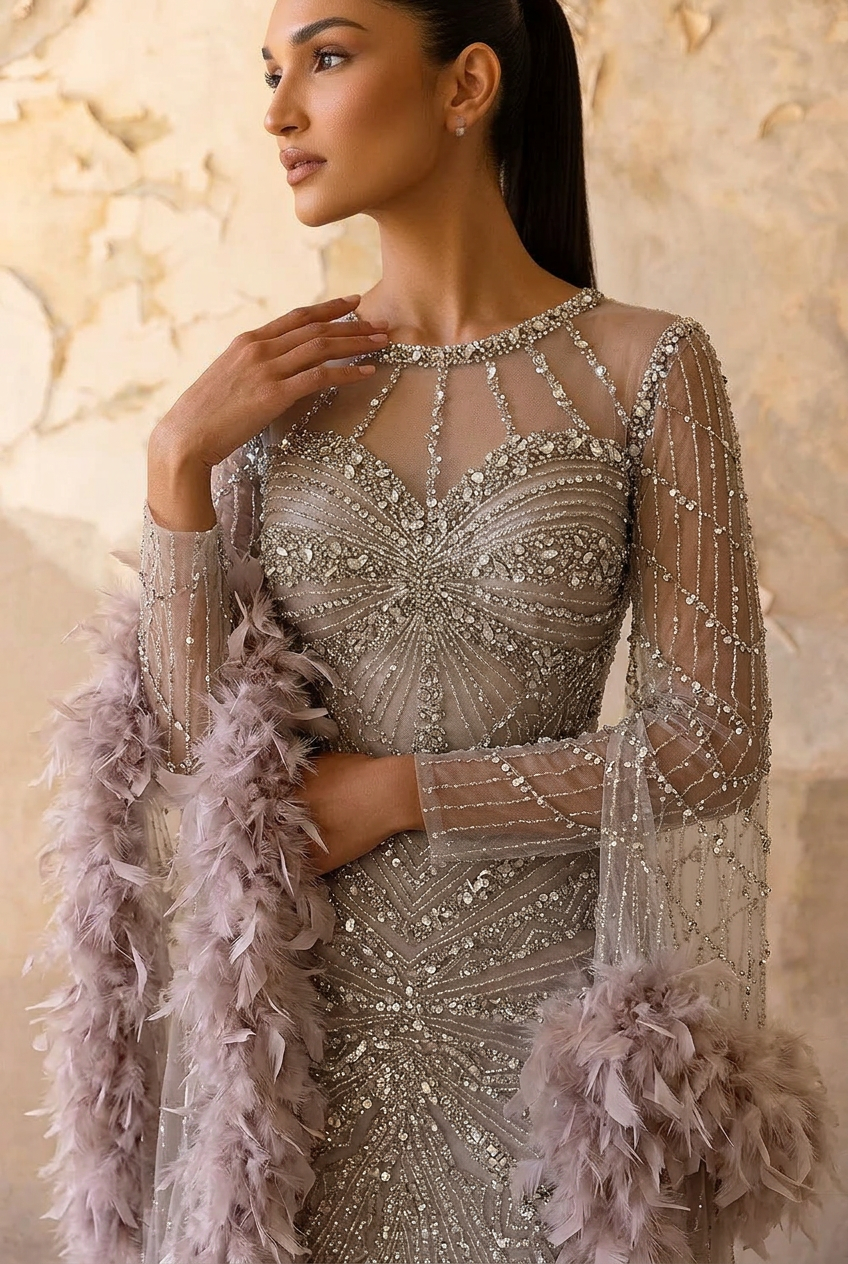 Champagne Sequin and Feather Dress – Designer Sequin Gown with Long Sleeves and Train Plus Size