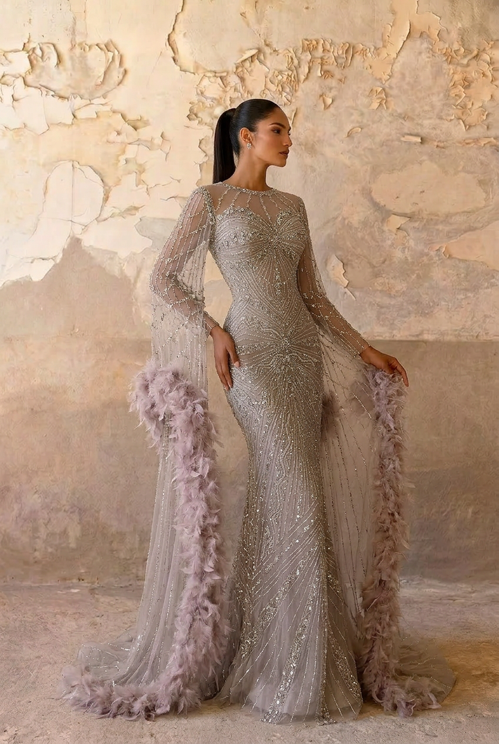 Champagne Sequin and Feather Dress – Designer Sequin Gown with Long Sleeves and Train Plus Size