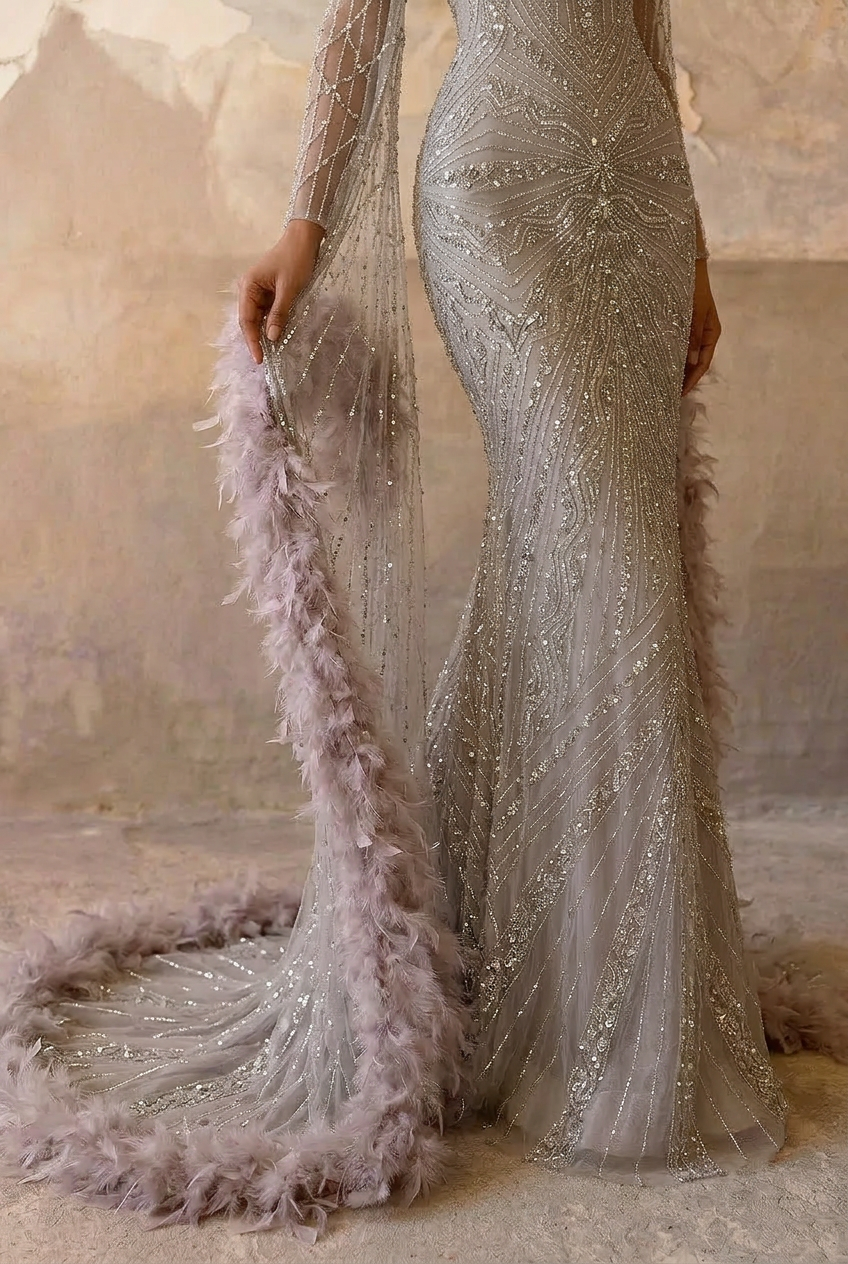 Champagne Sequin and Feather Dress – Designer Sequin Gown with Long Sleeves and Train Plus Size