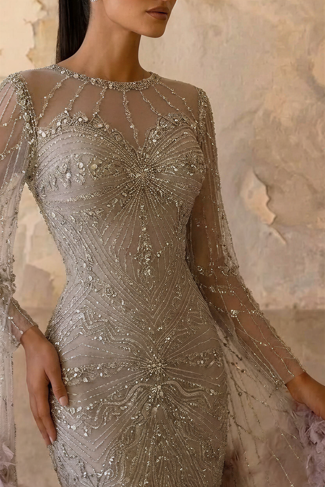 Champagne Sequin and Feather Dress – Designer Sequin Gown with Long Sleeves and Train Plus Size