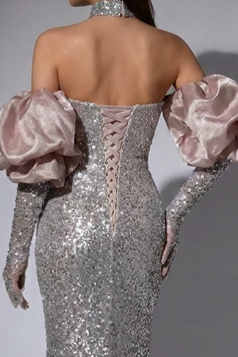 Champagne and Pink Designer Sequin Gown with Corset Back - Pink Sequin Dress with Dramatic Puff Sleeves Plus Size