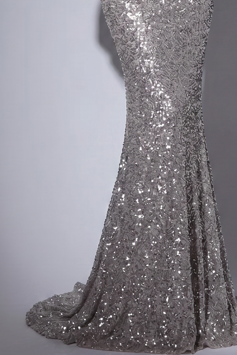 Champagne and Pink Designer Sequin Gown with Corset Back - Pink Sequin Dress with Dramatic Puff Sleeves Plus Size