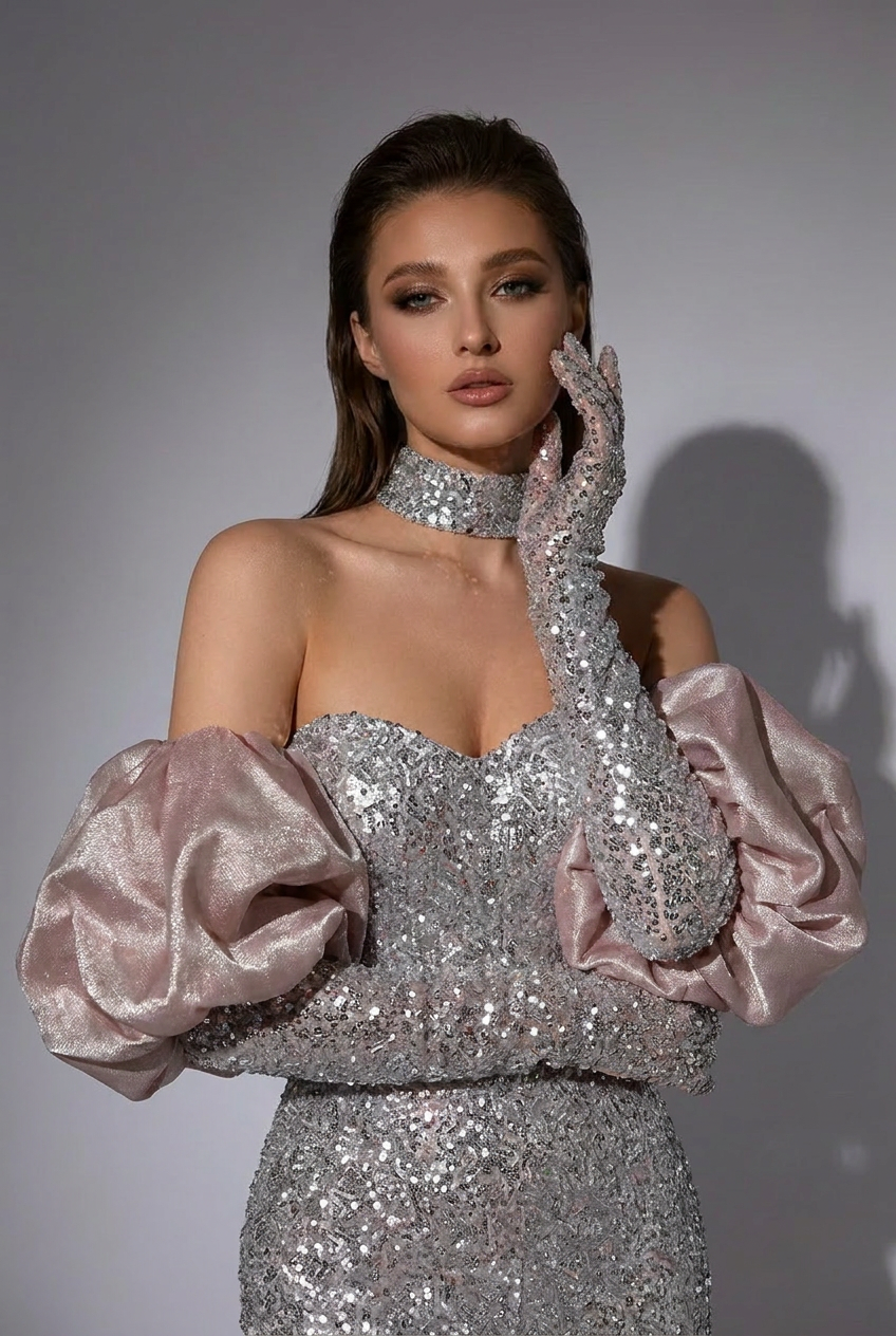 Champagne and Pink Designer Sequin Gown with Corset Back - Pink Sequin Dress with Dramatic Puff Sleeves Plus Size