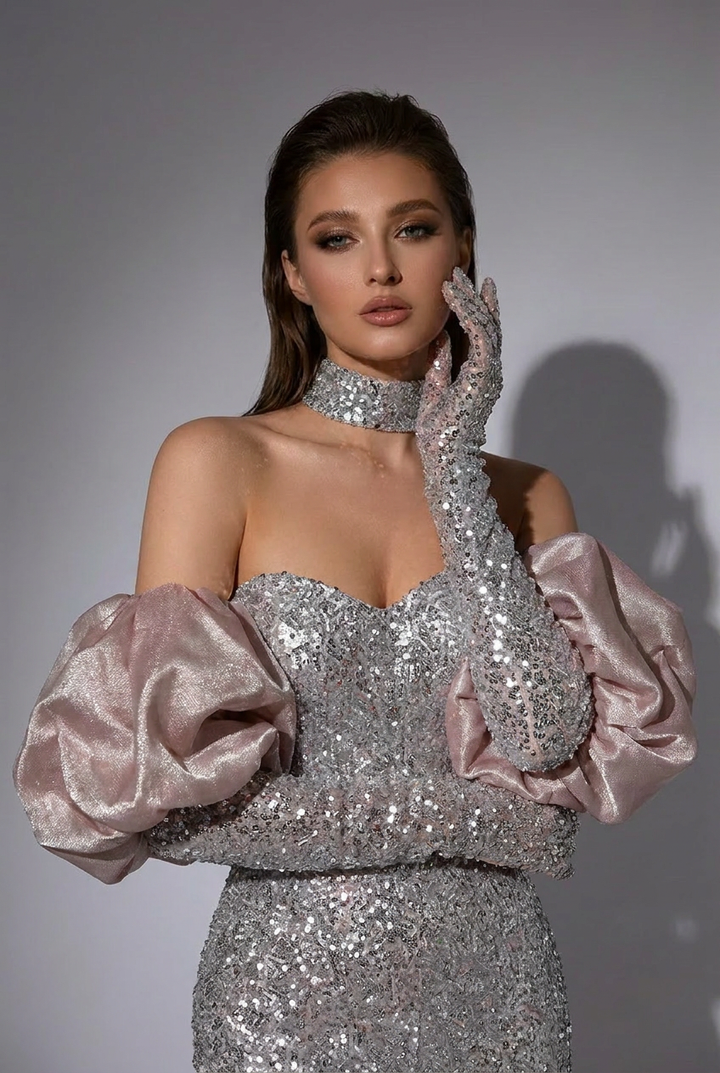 Champagne and Pink Designer Sequin Gown with Corset Back - Pink Sequin Dress with Dramatic Puff Sleeves Plus Size