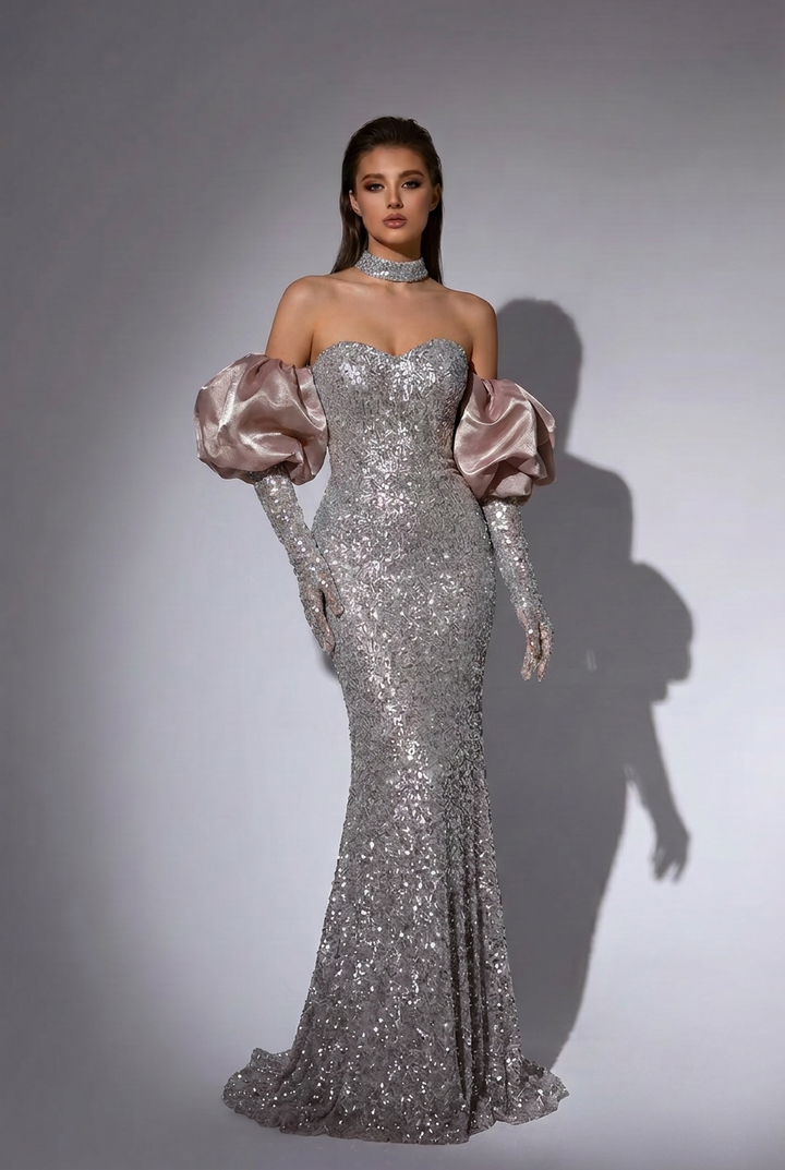Champagne and Pink Designer Sequin Gown with Corset Back - Pink Sequin Dress with Dramatic Puff Sleeves Plus Size