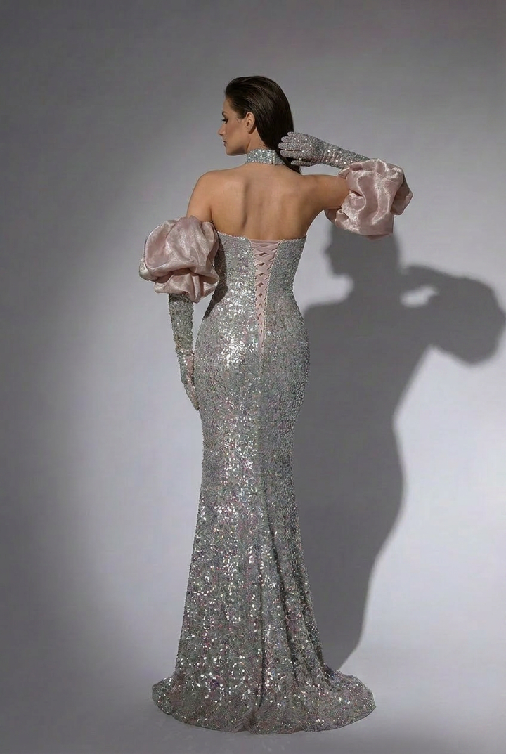 Champagne and Pink Designer Sequin Gown with Corset Back - Pink Sequin Dress with Dramatic Puff Sleeves Plus Size