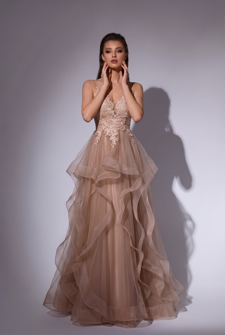 Champaign V-neck Gauze Prom Dress - Formal Dress Plus Size