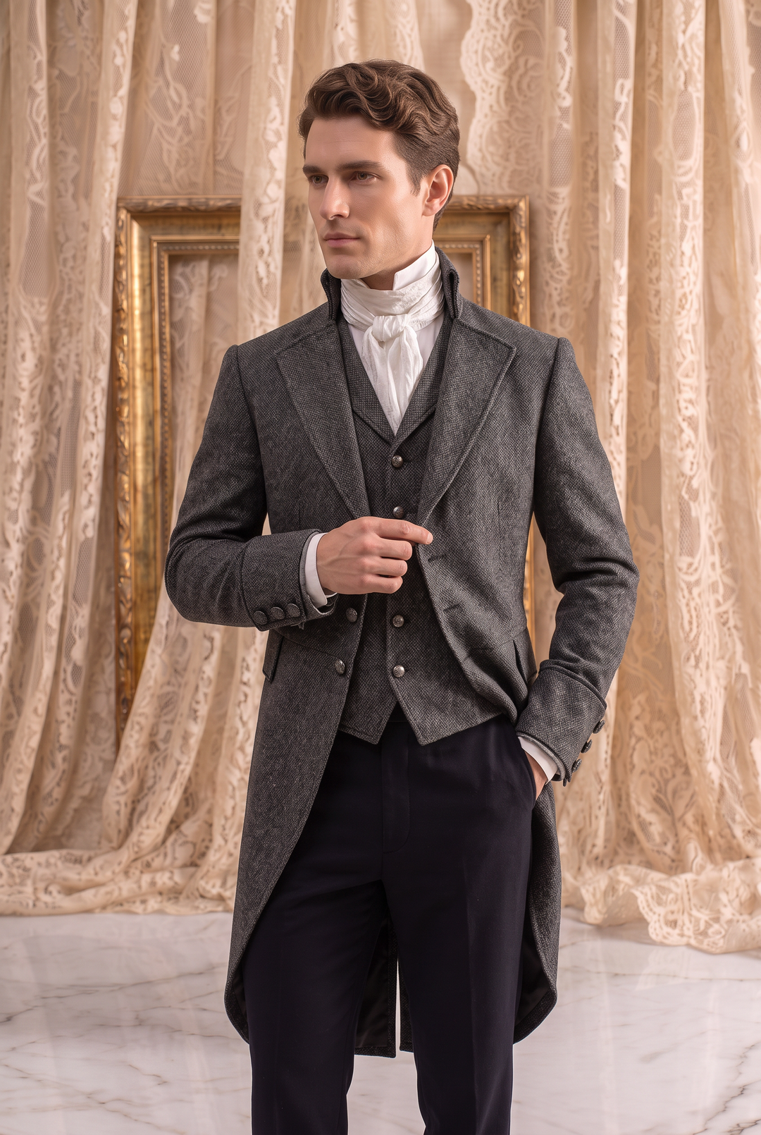 Charcoal Regency Tailcoat for Men - Classic Bridgerton-Inspired Formal Jacket Plus Size
