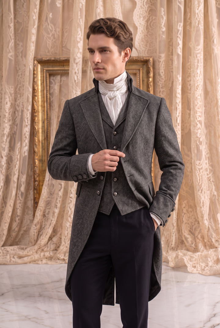 Charcoal Regency Tailcoat for Men - Classic Bridgerton-Inspired Formal Jacket Plus Size