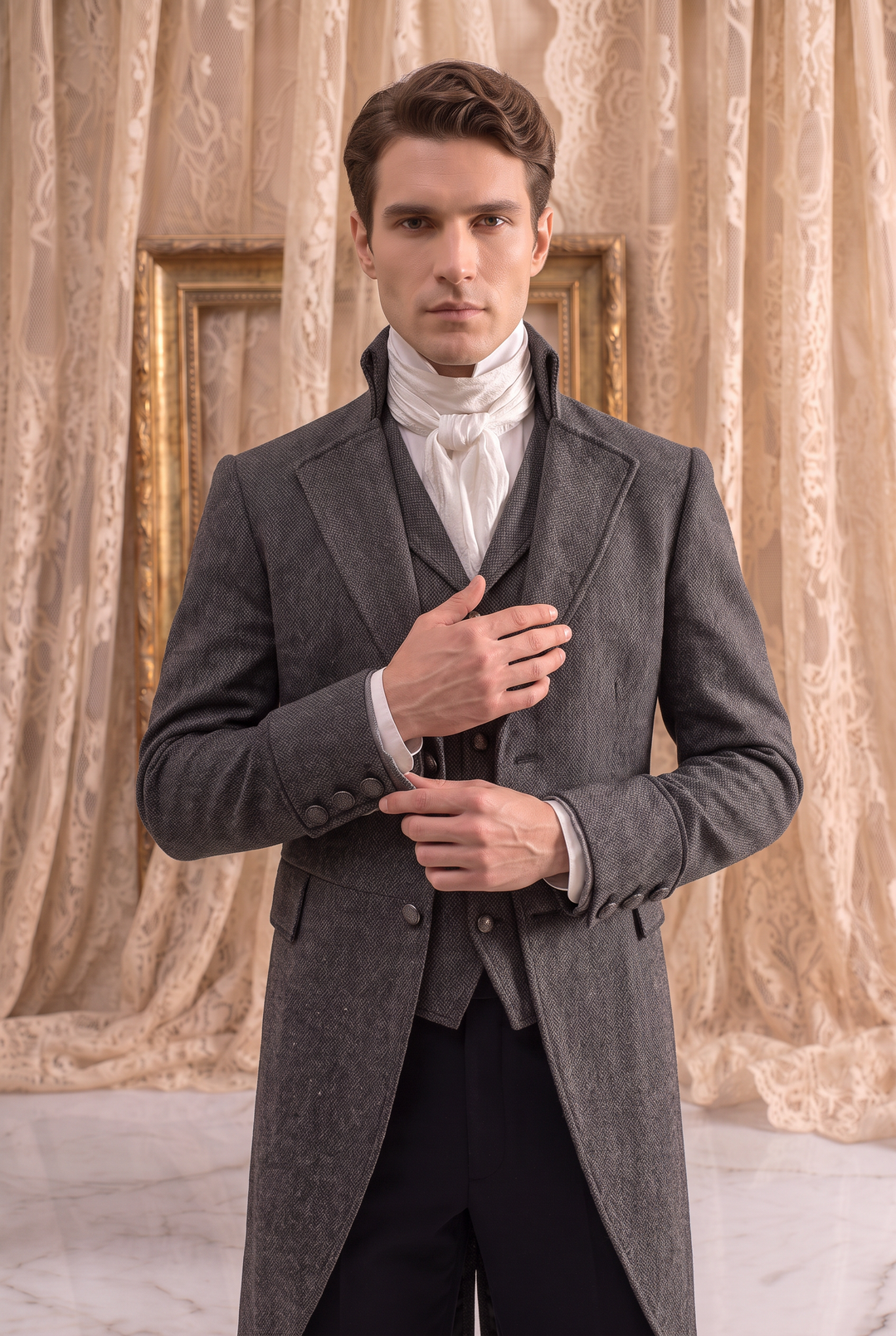 Charcoal Regency Tailcoat for Men - Classic Bridgerton-Inspired Formal Jacket Plus Size