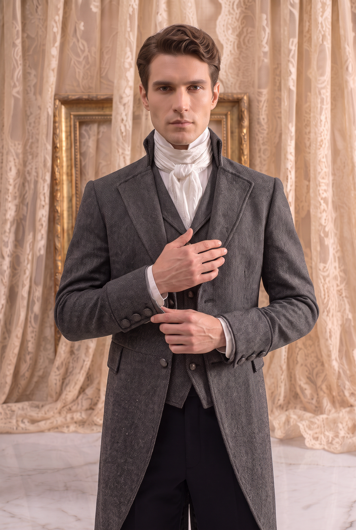 Charcoal Regency Tailcoat for Men - Classic Bridgerton-Inspired Formal Jacket Plus Size