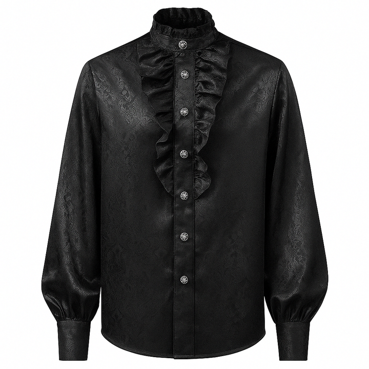 Gothic Ruffle Lace Black Printed Shirt With Bell Sleeve For Men Costume - Plus Size