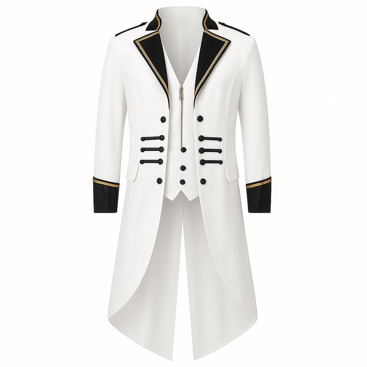 Gothic Style White Tailcoat Suit with Gold Trim - Coat For Men -Plus Size