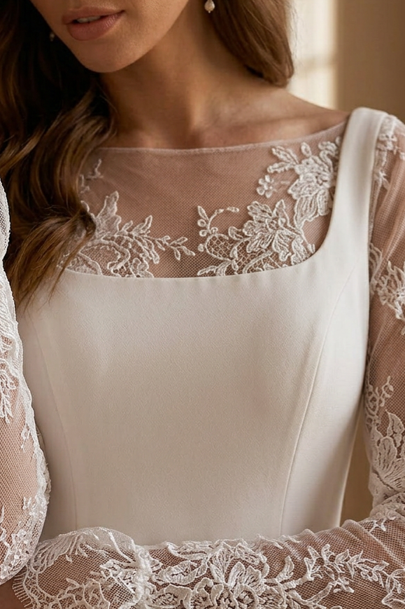 Chic Ivory Short Wedding Dress with Lace Sleeves and Detachable Train WonderlandByLilian Chic Ivory Short Wedding Dress with Lace Sleeves and Detachable Train WonderlandByLilian