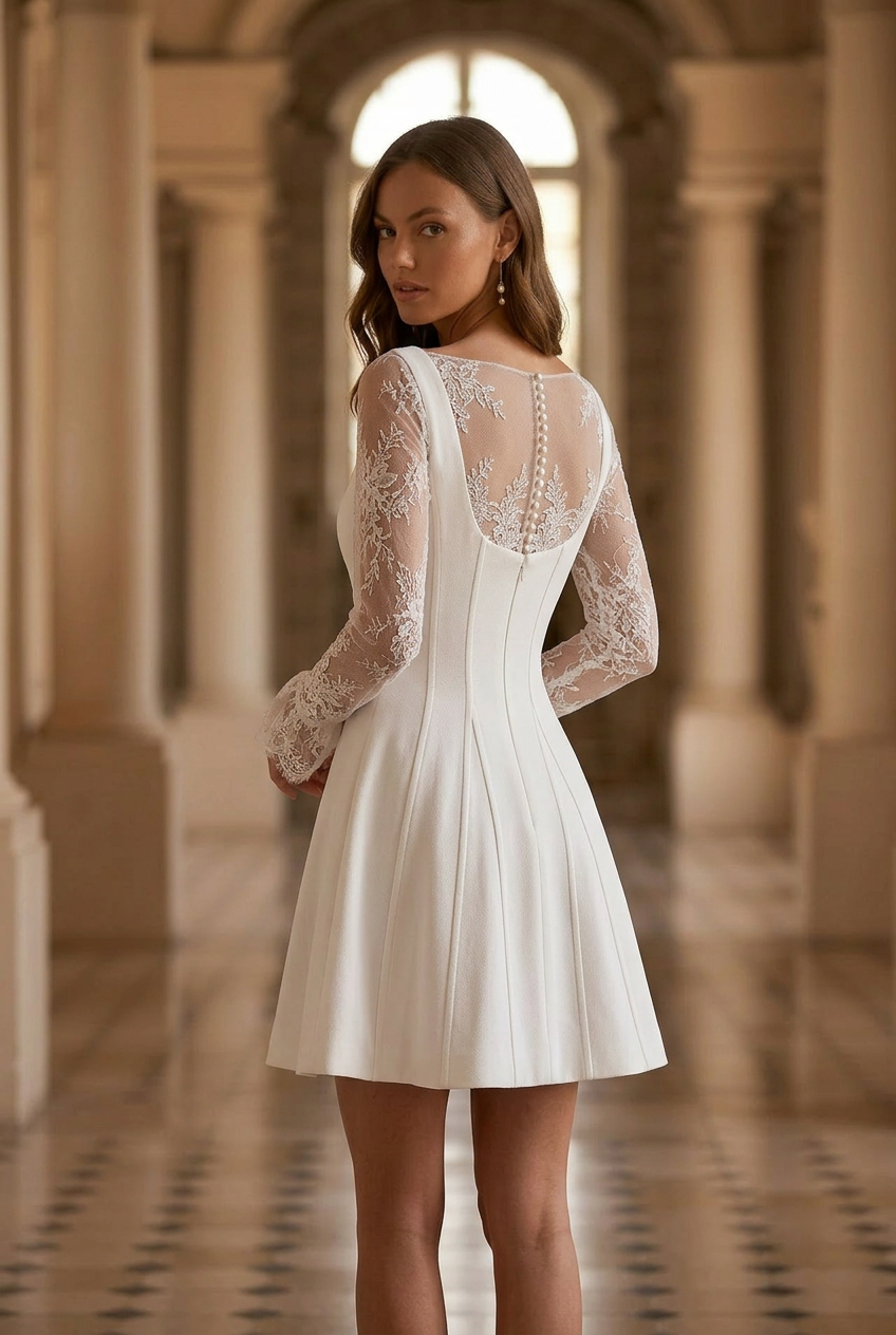 Chic Ivory Short Wedding Dress with Lace Sleeves and Detachable Train –  WonderlandByLilian