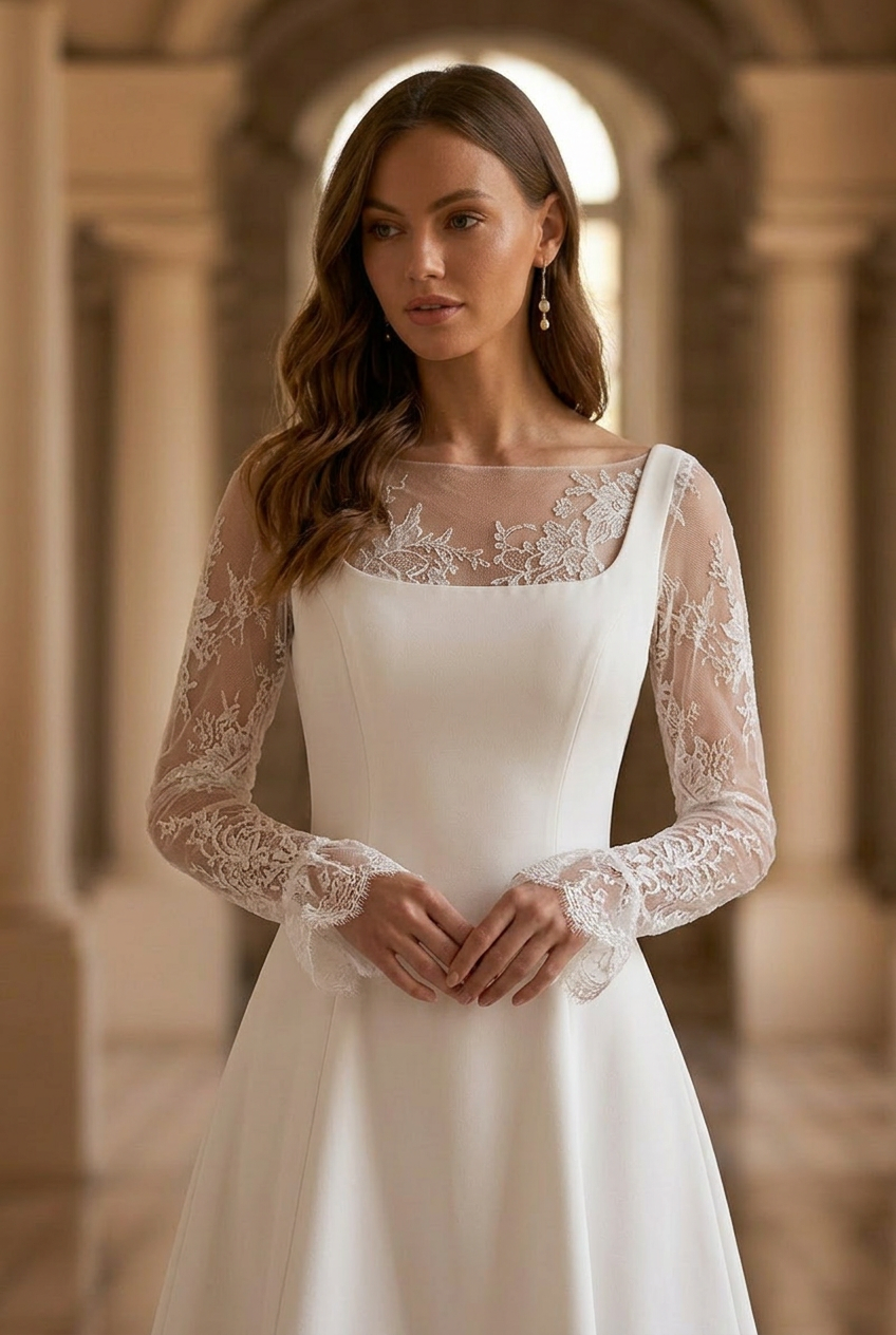 Chic Ivory Short Wedding Dress with Lace Sleeves and Detachable Train Plus Size Size 16W