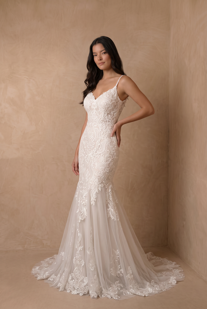 Classic Elegance And Modern Allure Beaded Lace Wedding Gown