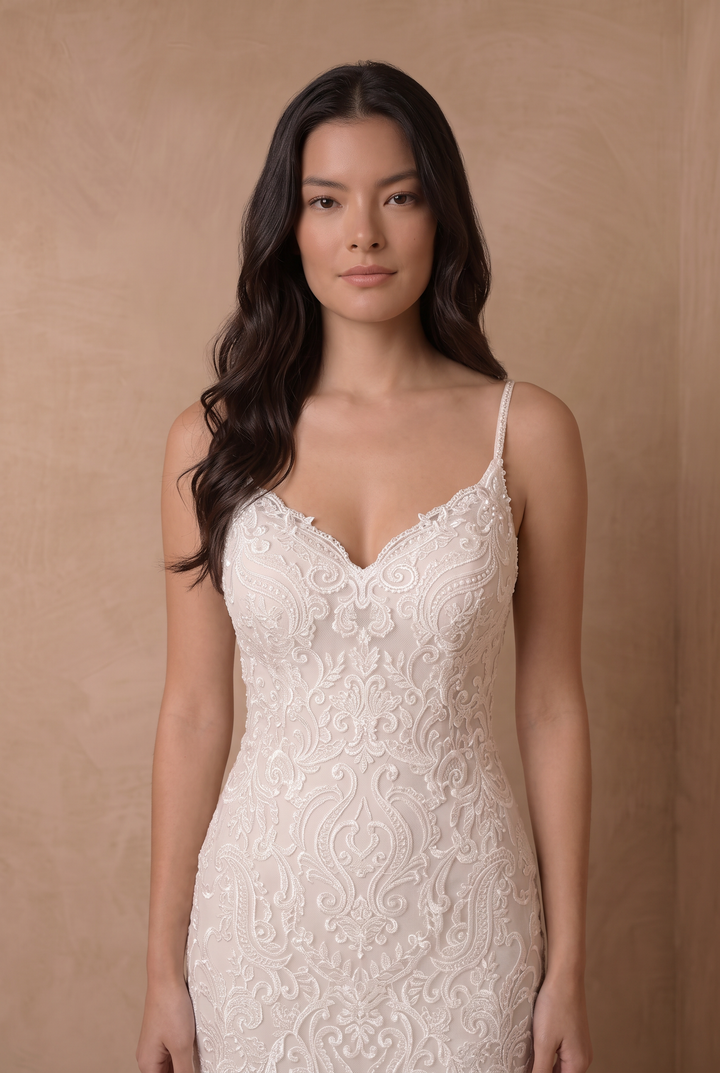 Classic Elegance And Modern Allure Beaded Lace Wedding Gown