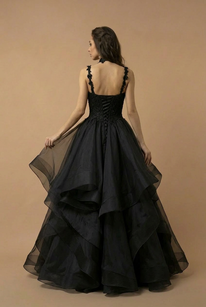 Classic Gothic Black Lace Embroidered A-Line Formal Dress With Ruffle Skirt Spaghetti Straps Plus Size Size 24W / Black / With Choker Classic Gothic Black Lace Embroidered A-Line Formal Dress With Ruffle Skirt Spaghetti Straps Plus Size Size 24W / Black / With Choker