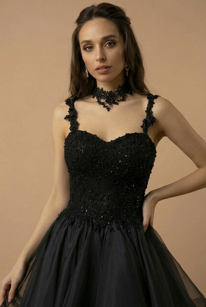 Classic Gothic Black Lace Embroidered A-Line Formal Dress With Ruffle Skirt Spaghetti Straps Plus Size Size 24W / Black / With Choker Classic Gothic Black Lace Embroidered A-Line Formal Dress With Ruffle Skirt Spaghetti Straps Plus Size Size 24W / Black / With Choker