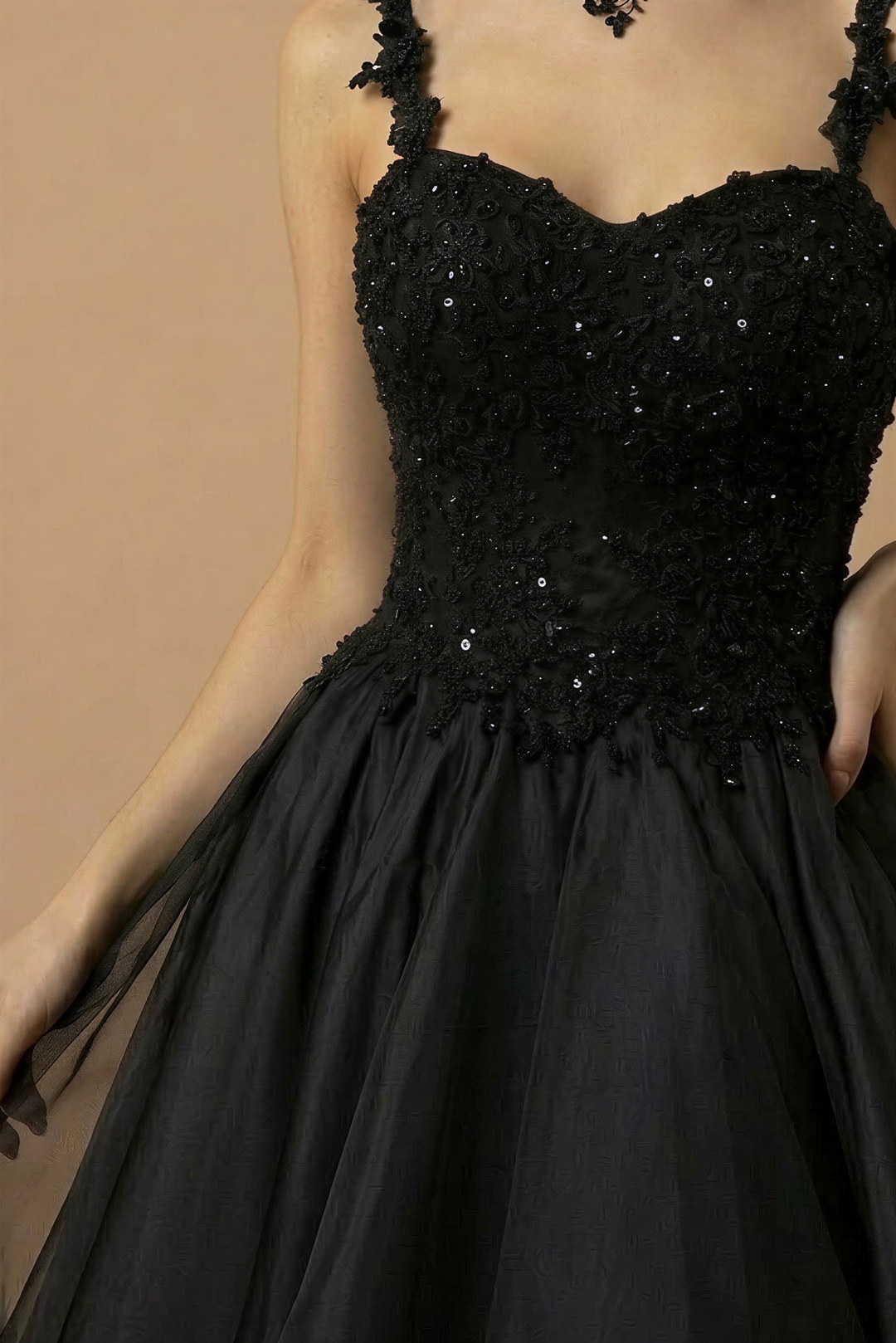Classic Gothic Black Lace Embroidered A-Line Formal Dress With Ruffle Skirt Spaghetti Straps Plus Size Size 24W / Black / With Choker Classic Gothic Black Lace Embroidered A-Line Formal Dress With Ruffle Skirt Spaghetti Straps Plus Size Size 24W / Black / With Choker