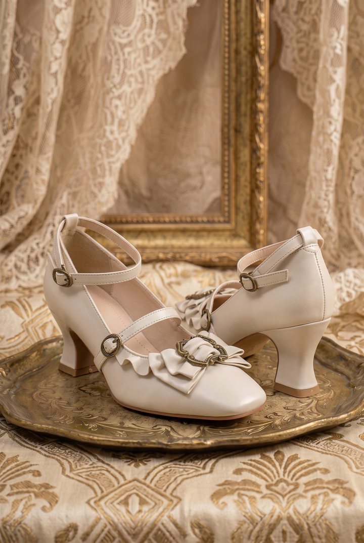 Cream Regency Heels and Lolita Mules with Bow - Lolita Shoes