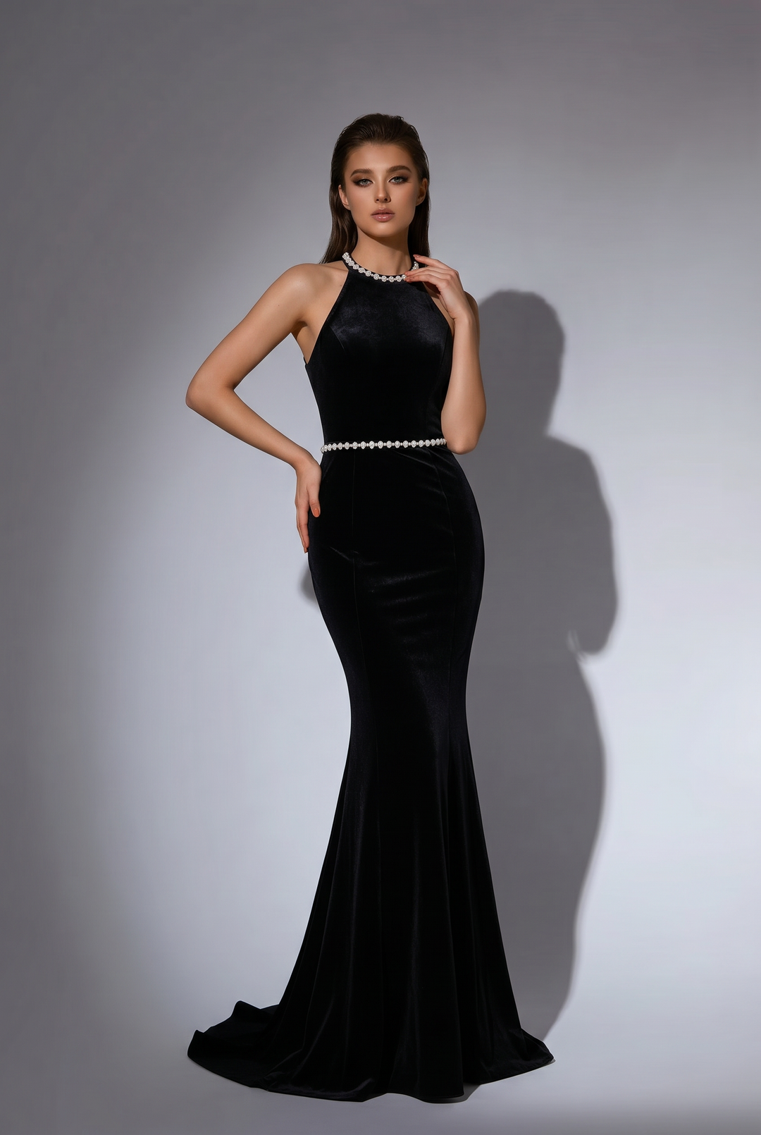 Crystal Black Velvet High-neck Sleeveless Mermaid Formal Dress With Bow Tie