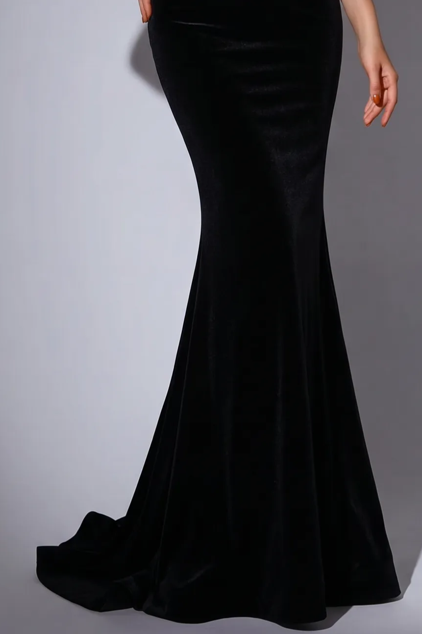 Crystal Black Velvet High-neck Sleeveless Mermaid Formal Dress With Bow Tie - Plus Size