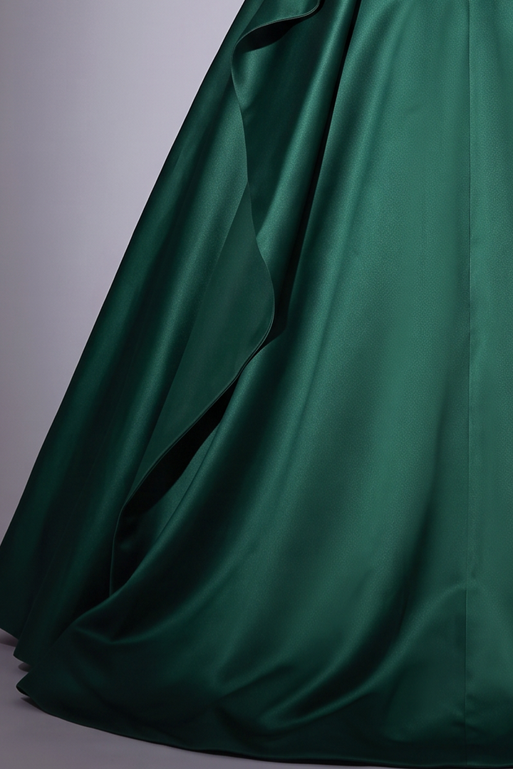 Emerald Green Satin Ball Gown – Off the Shoulder Corset Evening Dress with Draped Bodice and Ruffle Skirt Plus Size