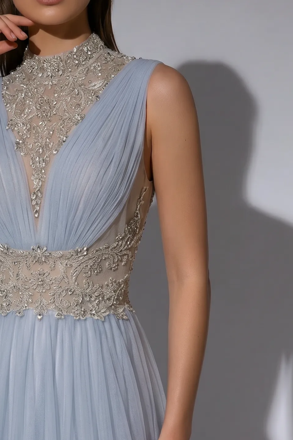 Dusty Blue Evening Dress with Illusion High Neck and Open Back A-Line Formal Gown Plus Size