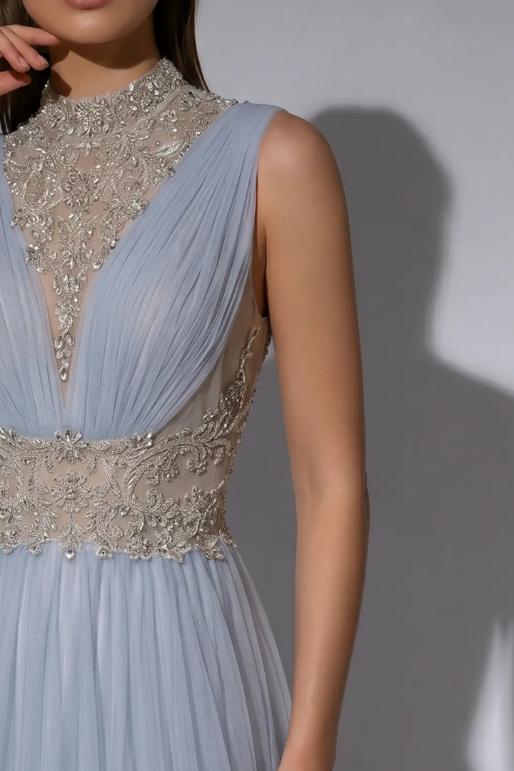 Dusty Blue Evening Dress with Illusion High Neck and Open Back A-Line Formal Gown Plus Size
