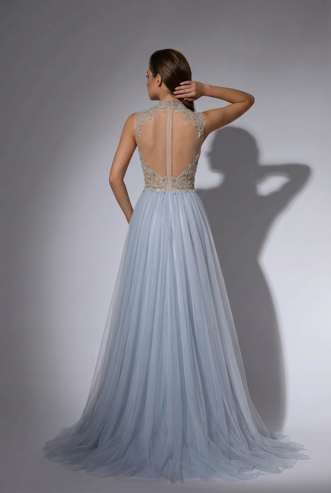 Dusty Blue Evening Dress with Illusion High Neck and Open Back A-Line – WonderlandByLilian