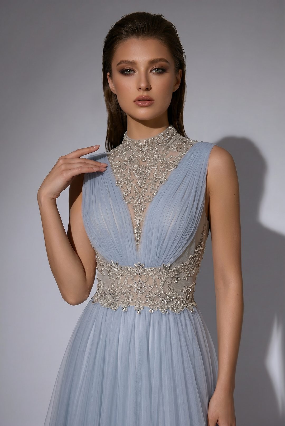 Dusty Blue Evening Dress with Illusion High Neck and Open Back A-Line Formal Gown Plus Size