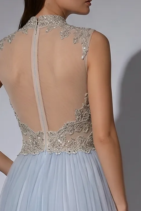 Dusty Blue Evening Dress with Illusion High Neck and Open Back A-Line – WonderlandByLilian