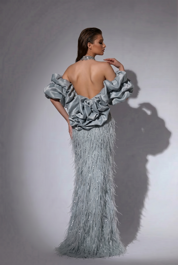 Dusty Blue Feather Mermaid Evening Gown with Crystal Beaded Halter Neck and Detachable Puff Sleeves – Luxury Formal Dress Plus Size