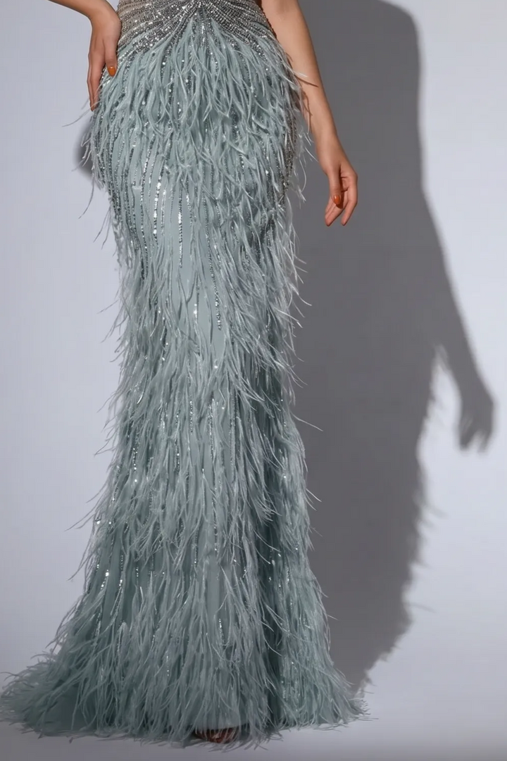 Dusty Blue Feather Mermaid Evening Gown with Crystal Beaded Halter Neck and Detachable Puff Sleeves – Luxury Formal Dress Plus Size