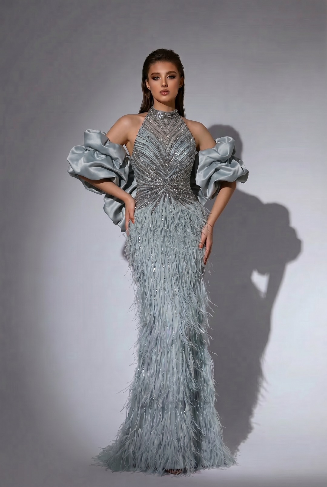 Dusty Blue Feather Mermaid Evening Gown with Crystal Beaded Halter Neck and Detachable Puff Sleeves – Luxury Formal Dress Plus Size