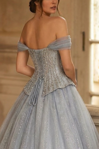 Dusty Blue Glitter Corset Ball Gown with Draped Off Shoulder Sleeves Romantic Princess Evening Dress Ethereal Couture Formal Gown Plus Size