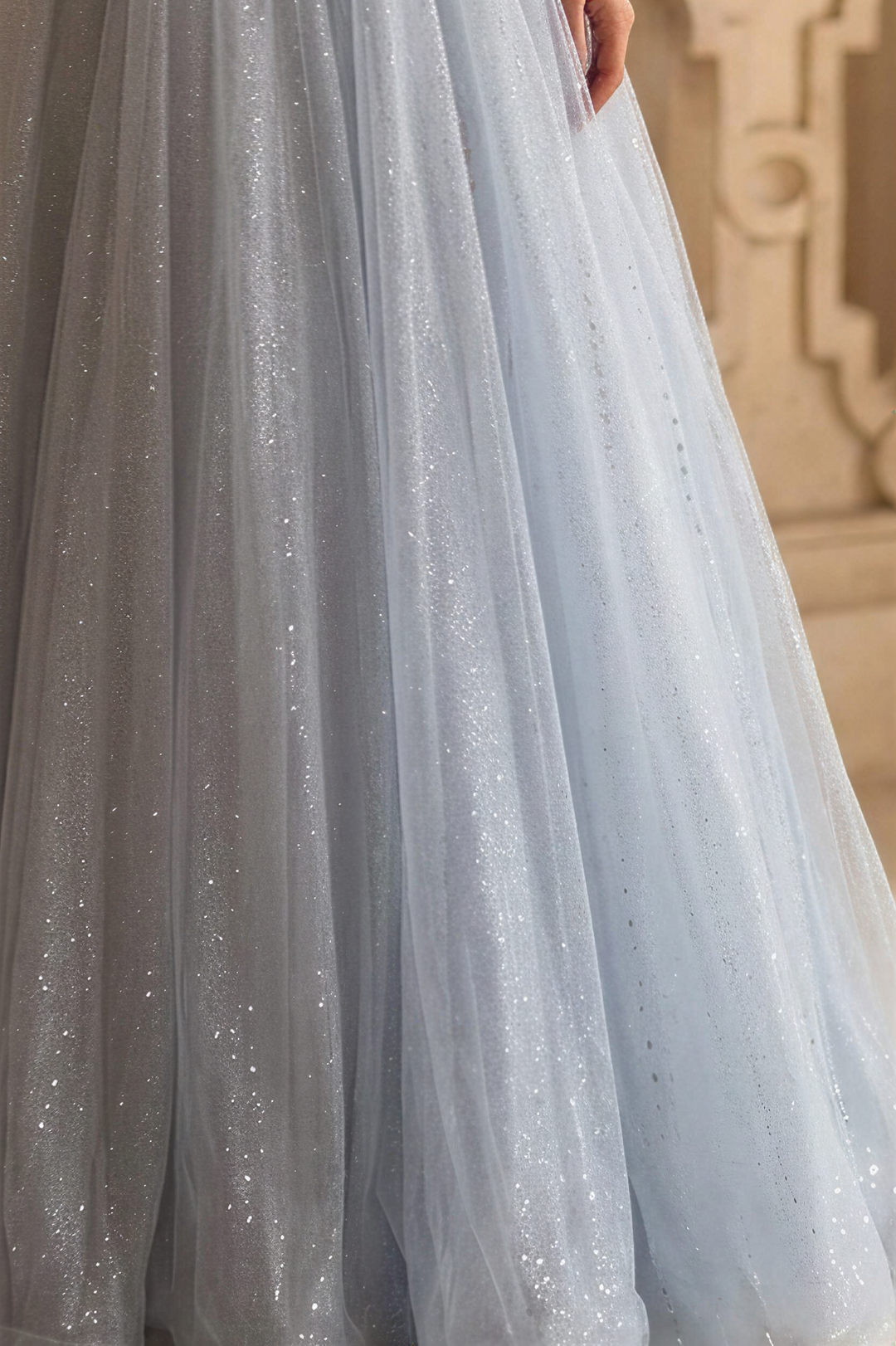 Dusty Blue Glitter Corset Ball Gown with Draped Off Shoulder Sleeves Romantic Princess Evening Dress Ethereal Couture Formal Gown Plus Size