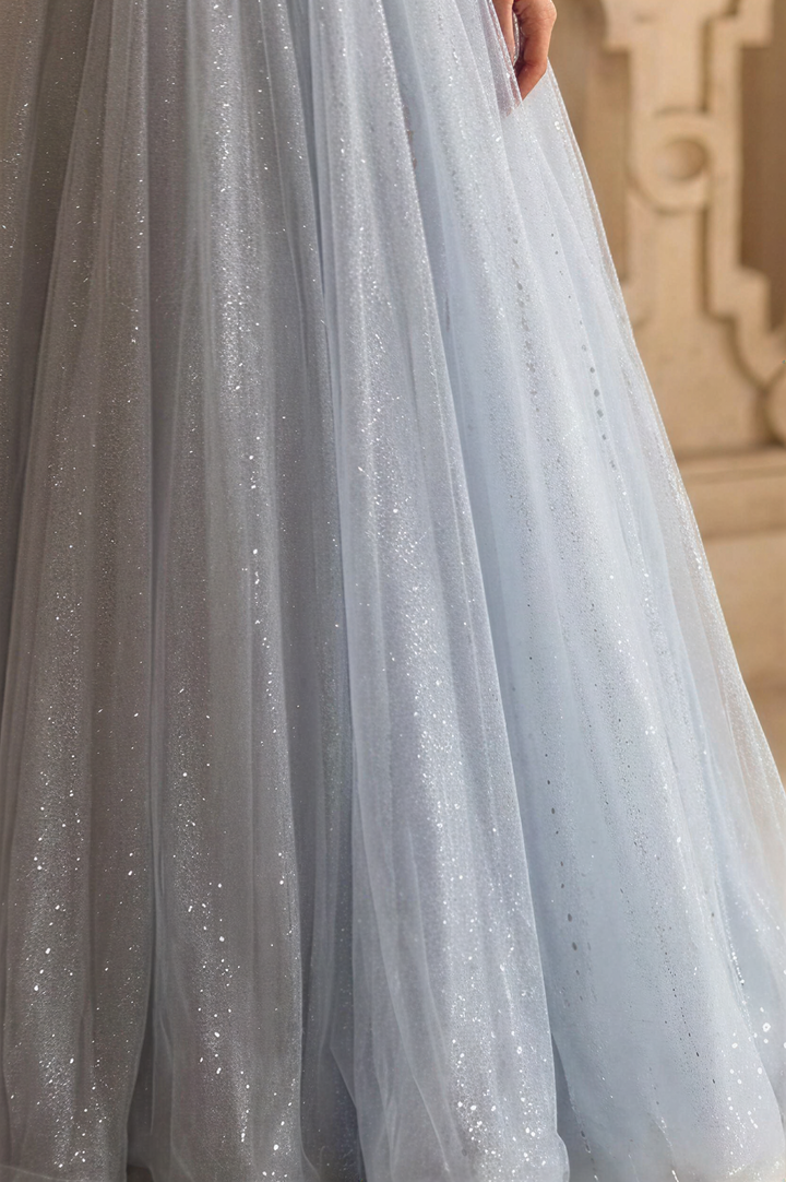 Dusty Blue Glitter Corset Ball Gown with Draped Off Shoulder Sleeves Romantic Princess Evening Dress Ethereal Couture Formal Gown Plus Size
