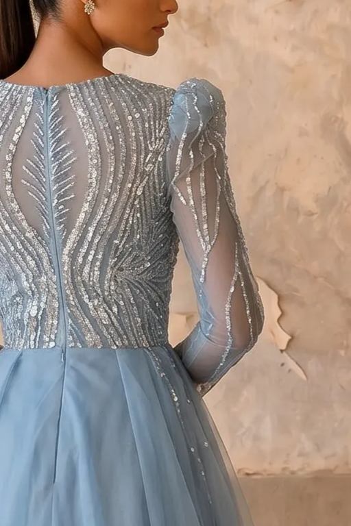 Dusty Blue Long Sleeve Beaded Evening Gown with Detachable Overskirt and Illusion Sleeves Plus Size